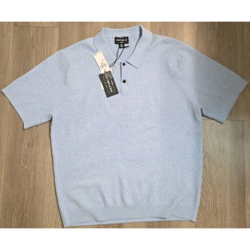 For The Republic Men Polo Shirt XL Blue Textured Short‎ Sleeve NWT